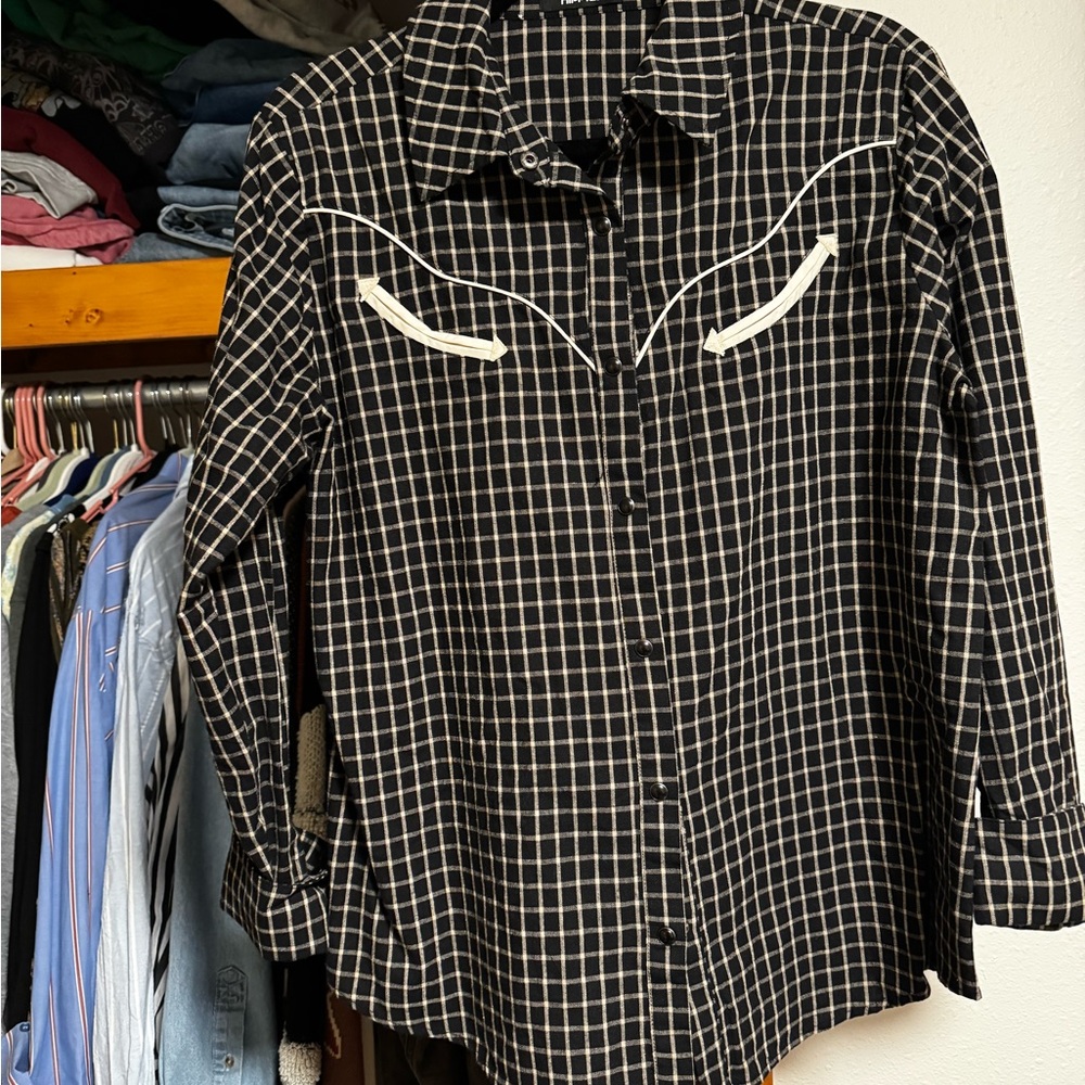Classic Black Plaid Button-Down Shirt with White Trim